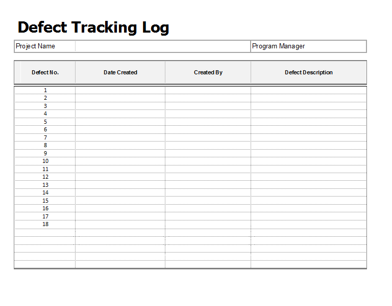 Defect Tracking Log Template