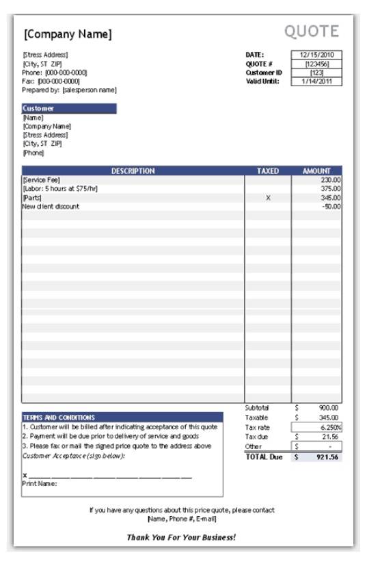 Sample Price Quote Template Excel