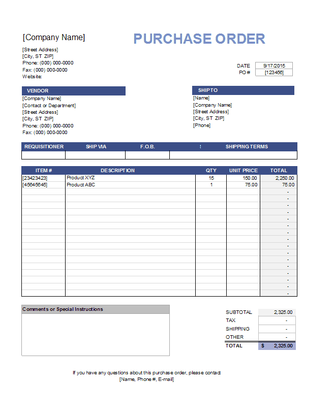 Purchase Order Template Excel