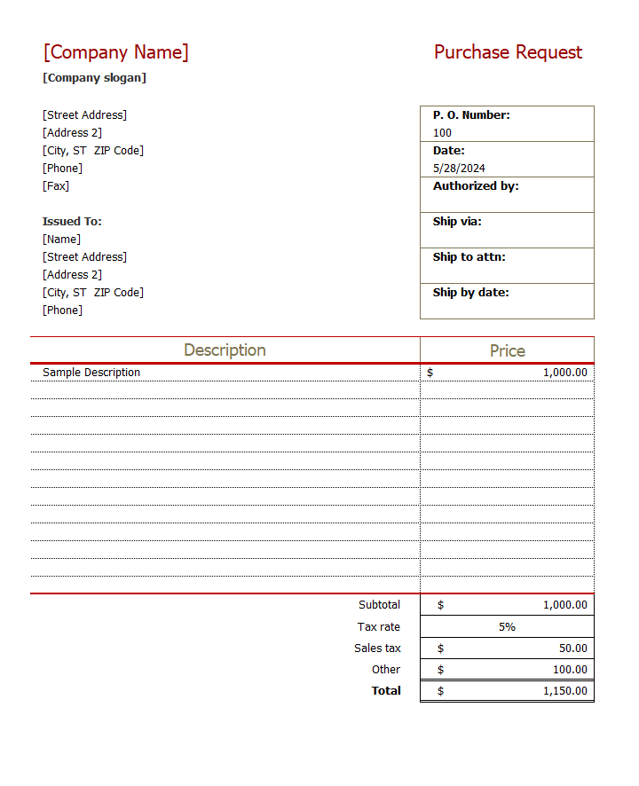 Purchase request form Excel