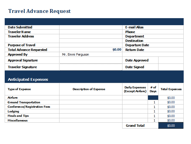 Free Travel Advance Request Form Template