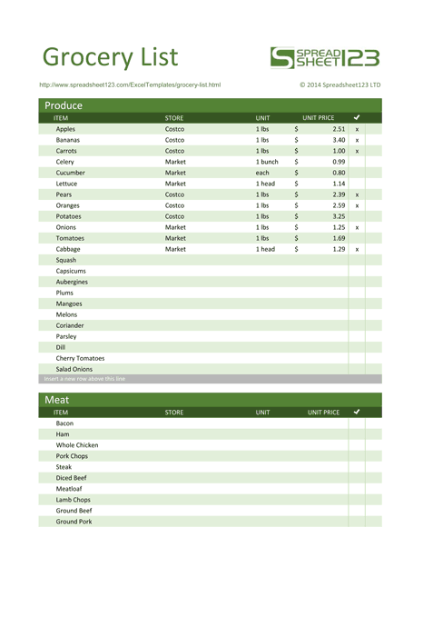 House Grocery List Template