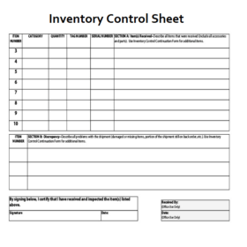 Inventory Control Sheet Template PDF