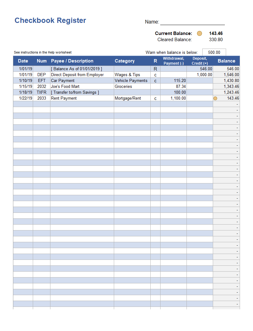 Sample Checkbook Register Template