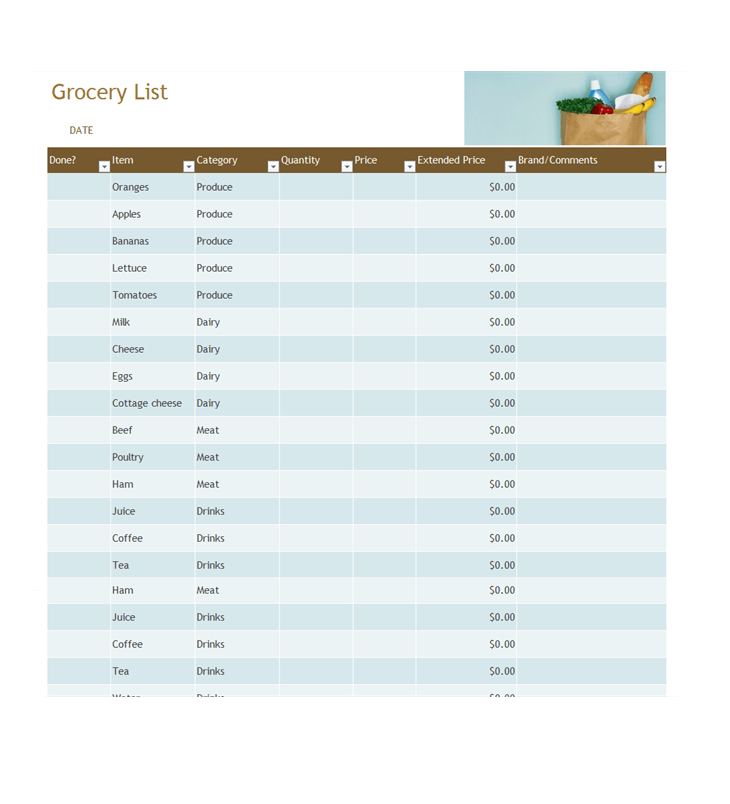 Sample Grocery List Template