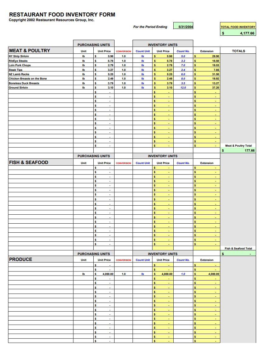 Sample Restaurant Inventory Form