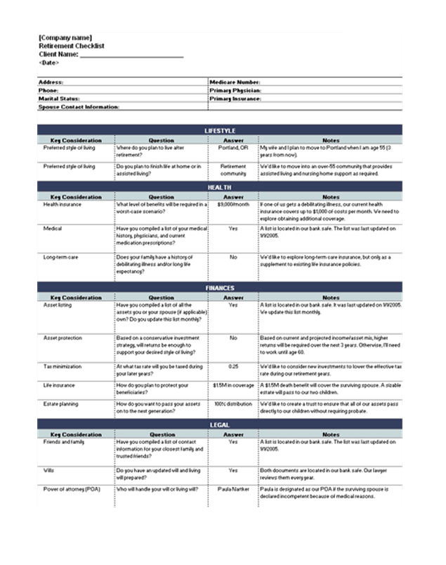 Sample Retirement Checklist Template