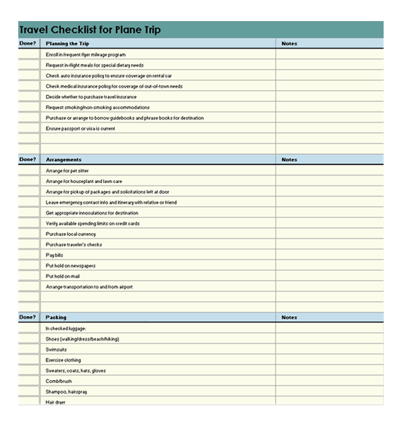 Sample Travel Checklist Template