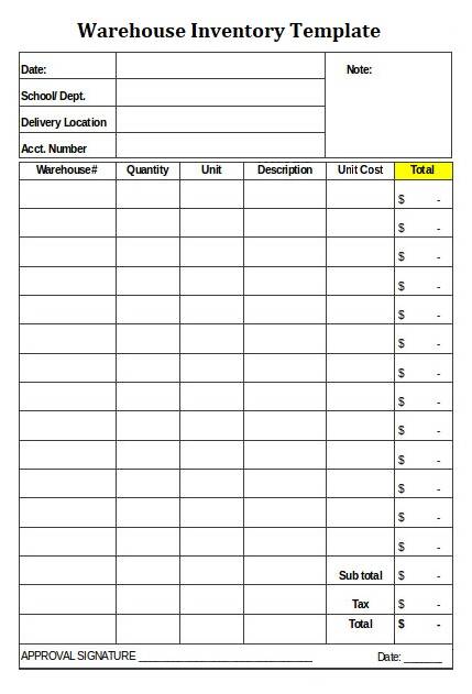 Sample Warehouse Inventory Template