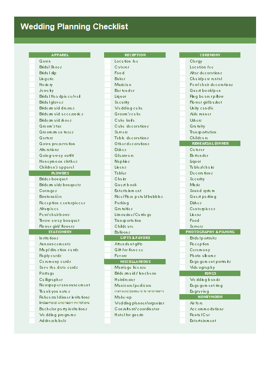 Sample Wedding Planner Checklist Template