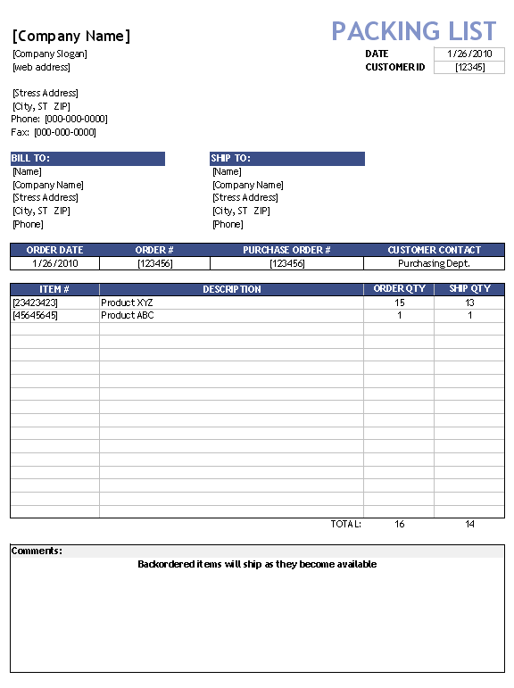 Sample Packing List Template