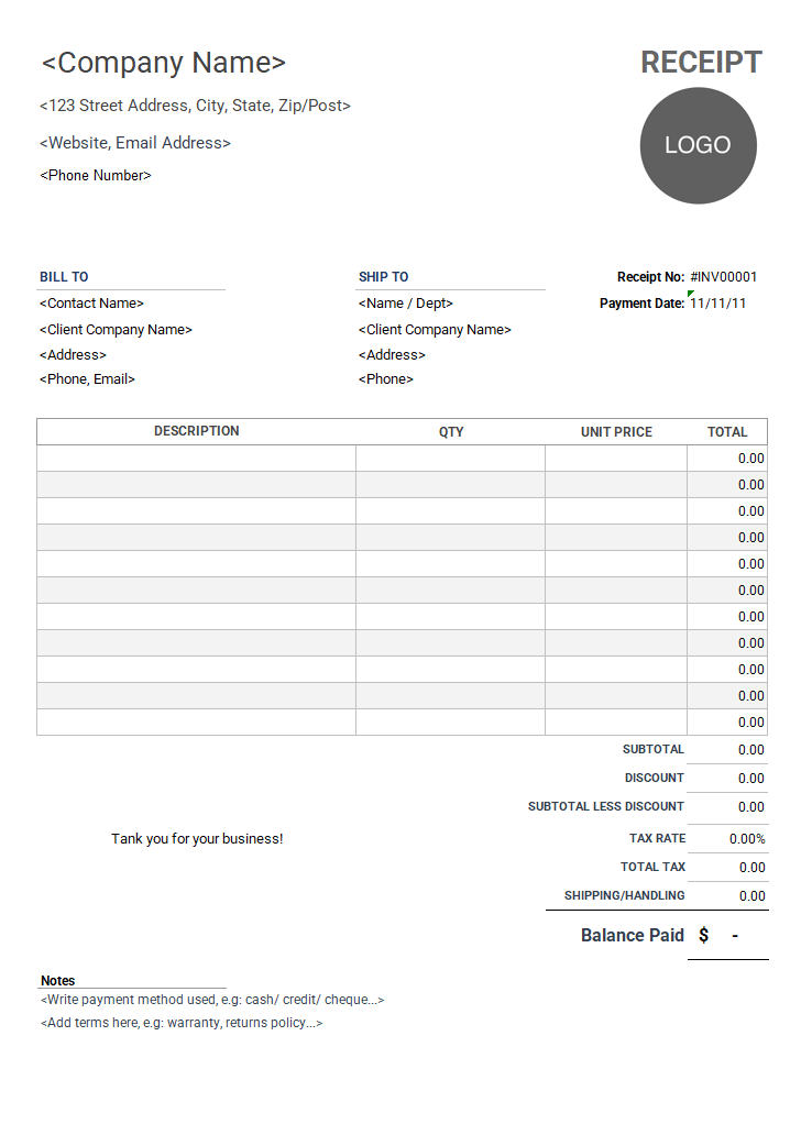 Printable Cash Receipt Template