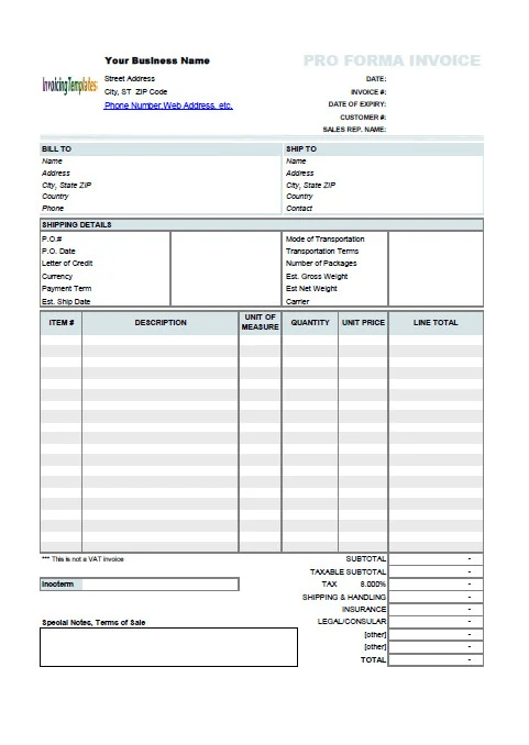 Proforma Invoice Template Excel