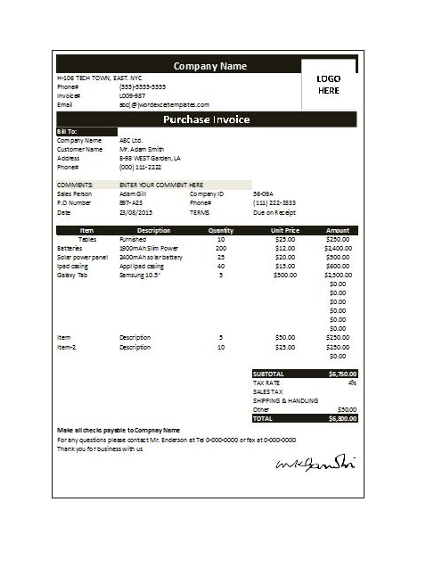 Printable Purchase Invoice Template