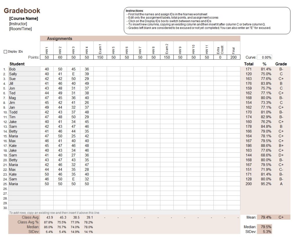 Class Gradebook Calculator Template