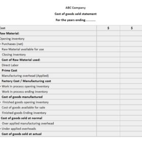 Cost of Goods Sold Statement Template