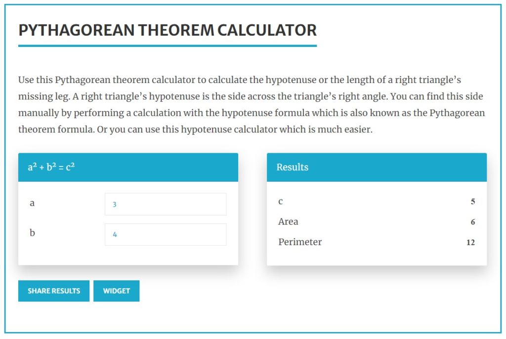 Pythagorean Theorem Calculator Sample