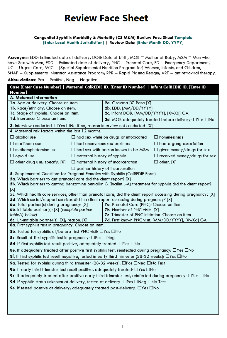 Review Face Sheet Template